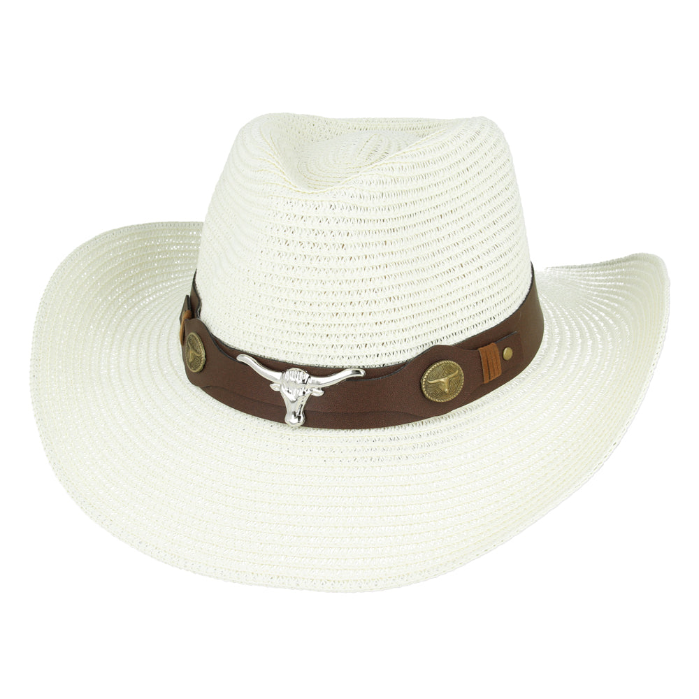 Summer Cowboy Hat 100% Paper Stiff Bull Horn Belt Festival Party Fancy Dress UK