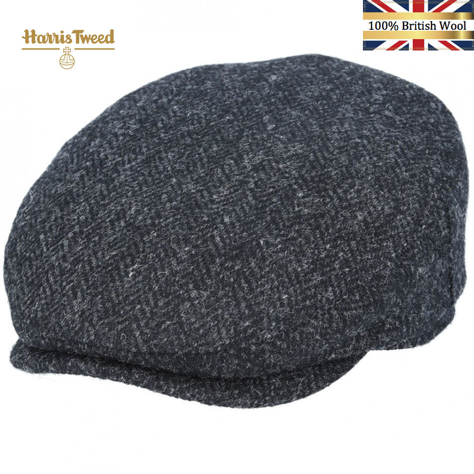 Gladwin Bond Harris Herringbone Wool Flat Cap – Black