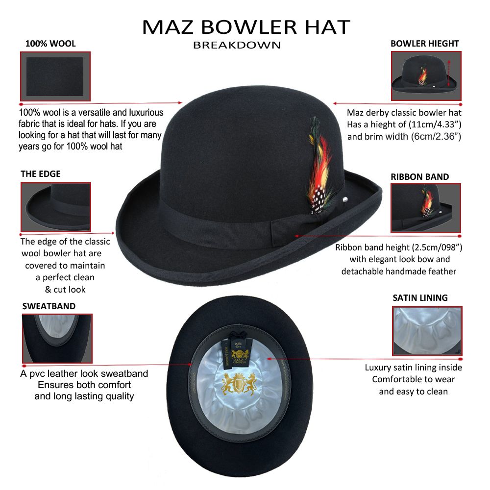 Bowler Hat in Classic Wool Felt - Satin Lined & Removable Feather Trim Fedora