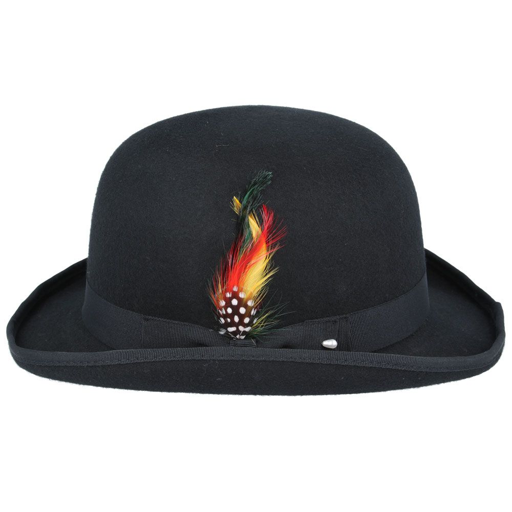 Bowler Hat in Classic Wool Felt - Satin Lined & Removable Feather Trim Fedora