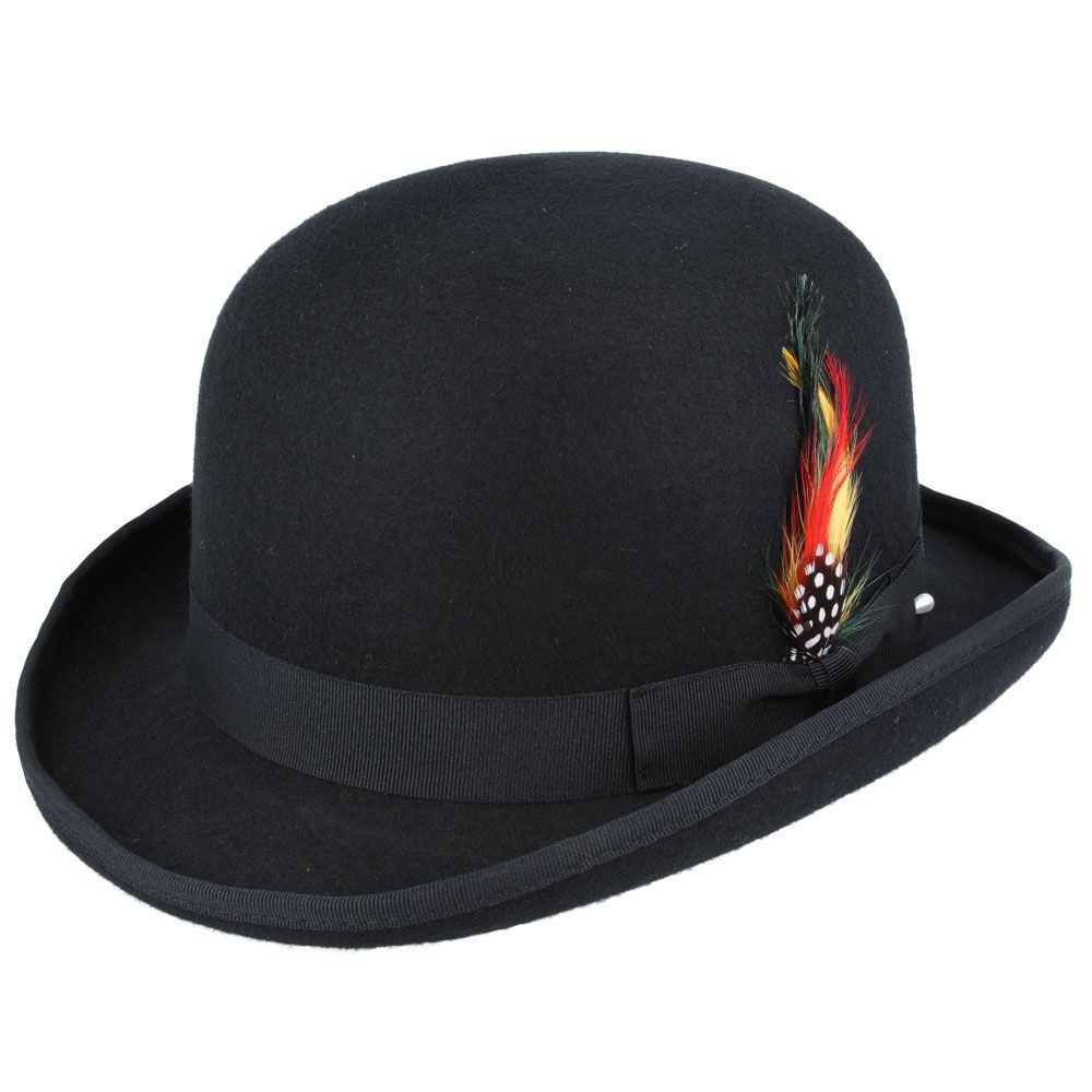 Bowler Hat in Classic Wool Felt - Satin Lined & Removable Feather Trim Fedora