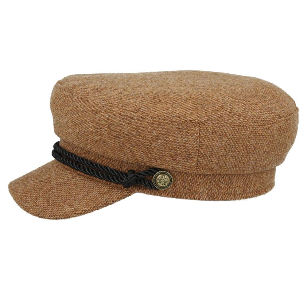 Classic Breton Sailor Cap 100% Wool Tweed Fisherman Hat Men's Gold Anchor Button