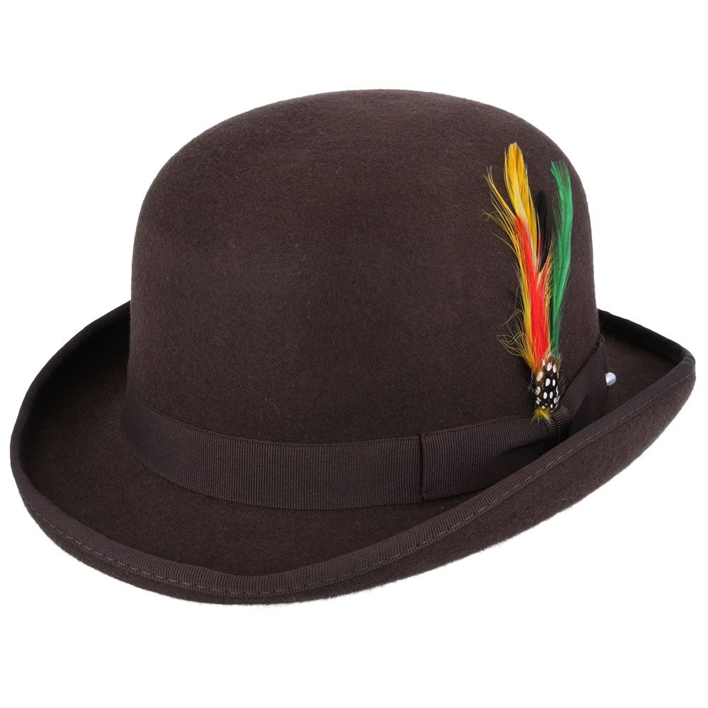 Bowler Hat in Classic Wool Felt - Satin Lined & Removable Feather Trim Fedora