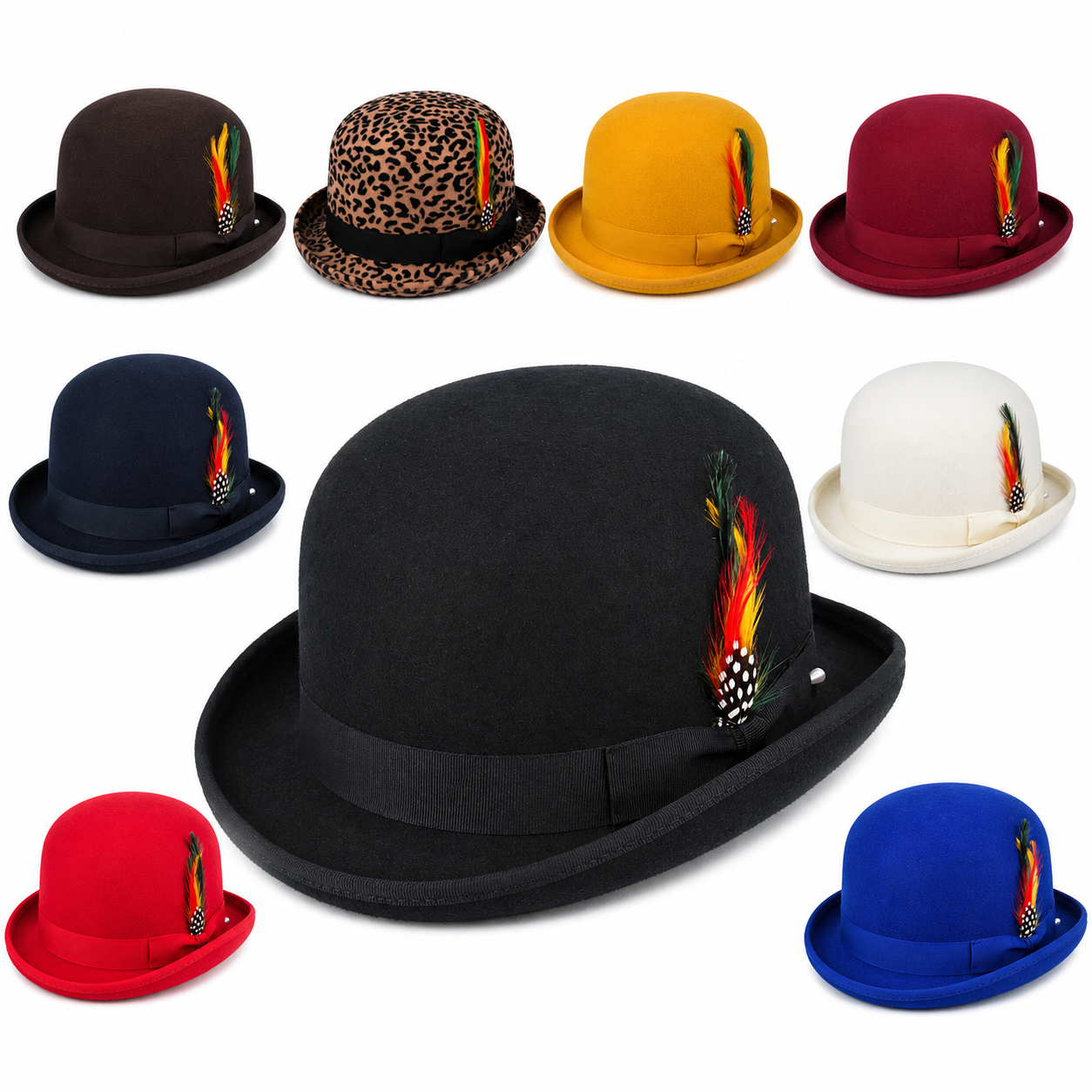 Bowler Hat in Classic Wool Felt - Satin Lined & Removable Feather Trim Fedora