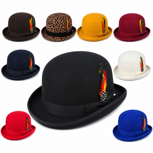 Bowler Hat in Classic Wool Felt - Satin Lined & Removable Feather Trim Fedora