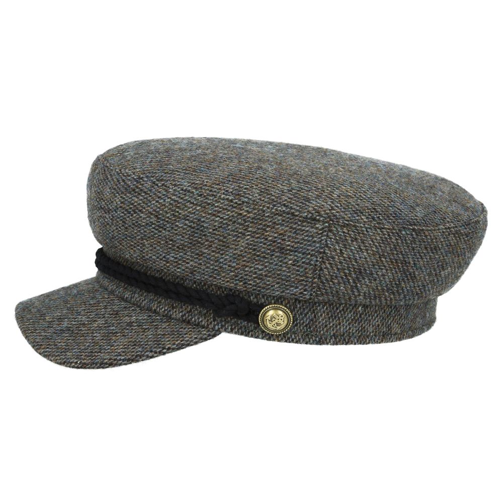 Classic Breton Sailor Cap 100% Wool Tweed Fisherman Hat Men's Gold Anchor Button