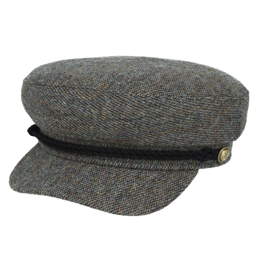 Classic Breton Sailor Cap 100% Wool Tweed Fisherman Hat Men's Gold Anchor Button