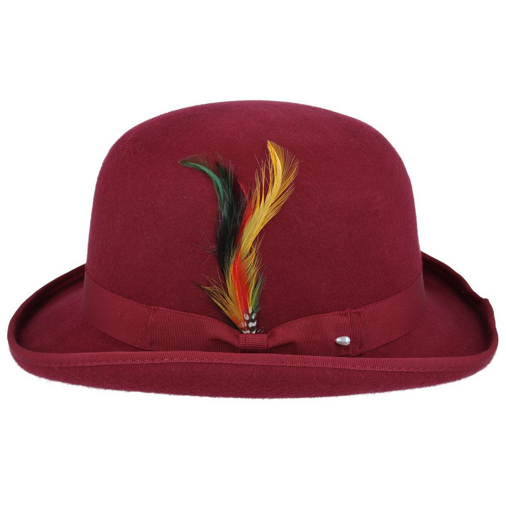 Bowler Hat in Classic Wool Felt - Satin Lined & Removable Feather Trim Fedora