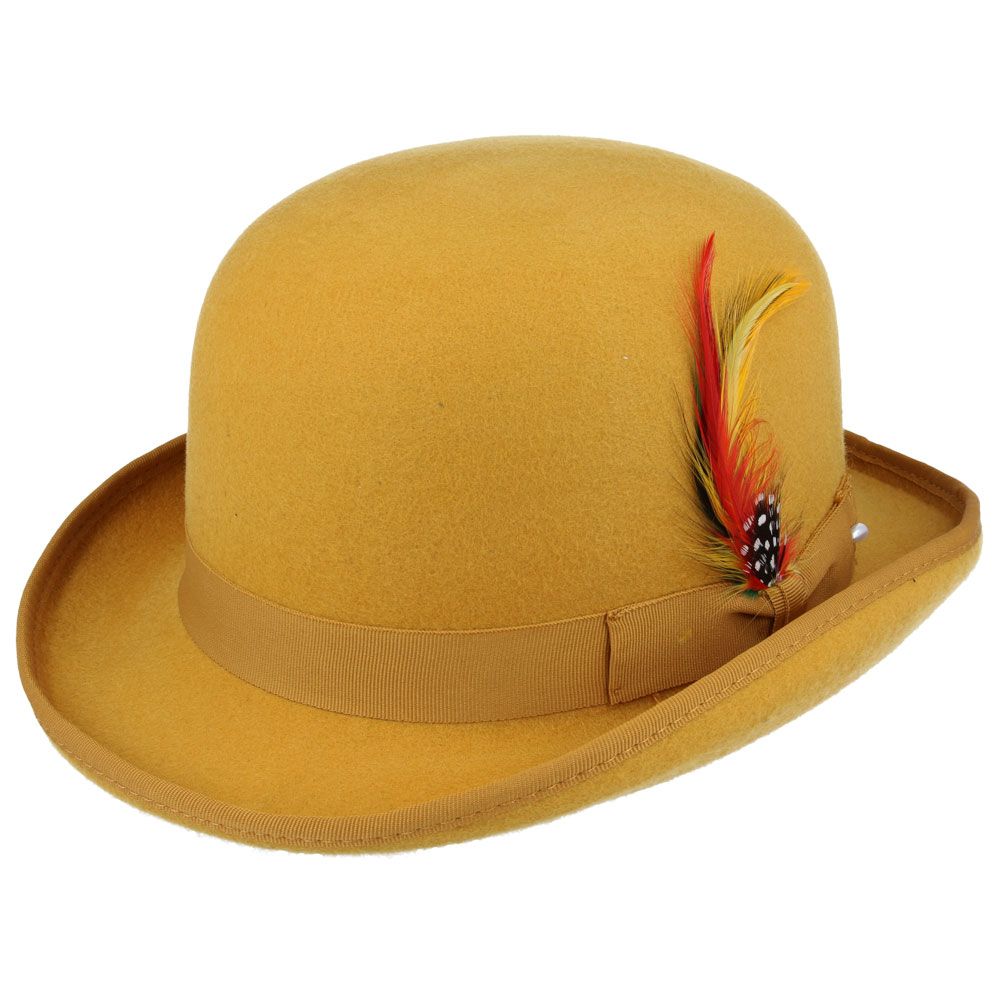 Bowler Hat in Classic Wool Felt - Satin Lined & Removable Feather Trim Fedora
