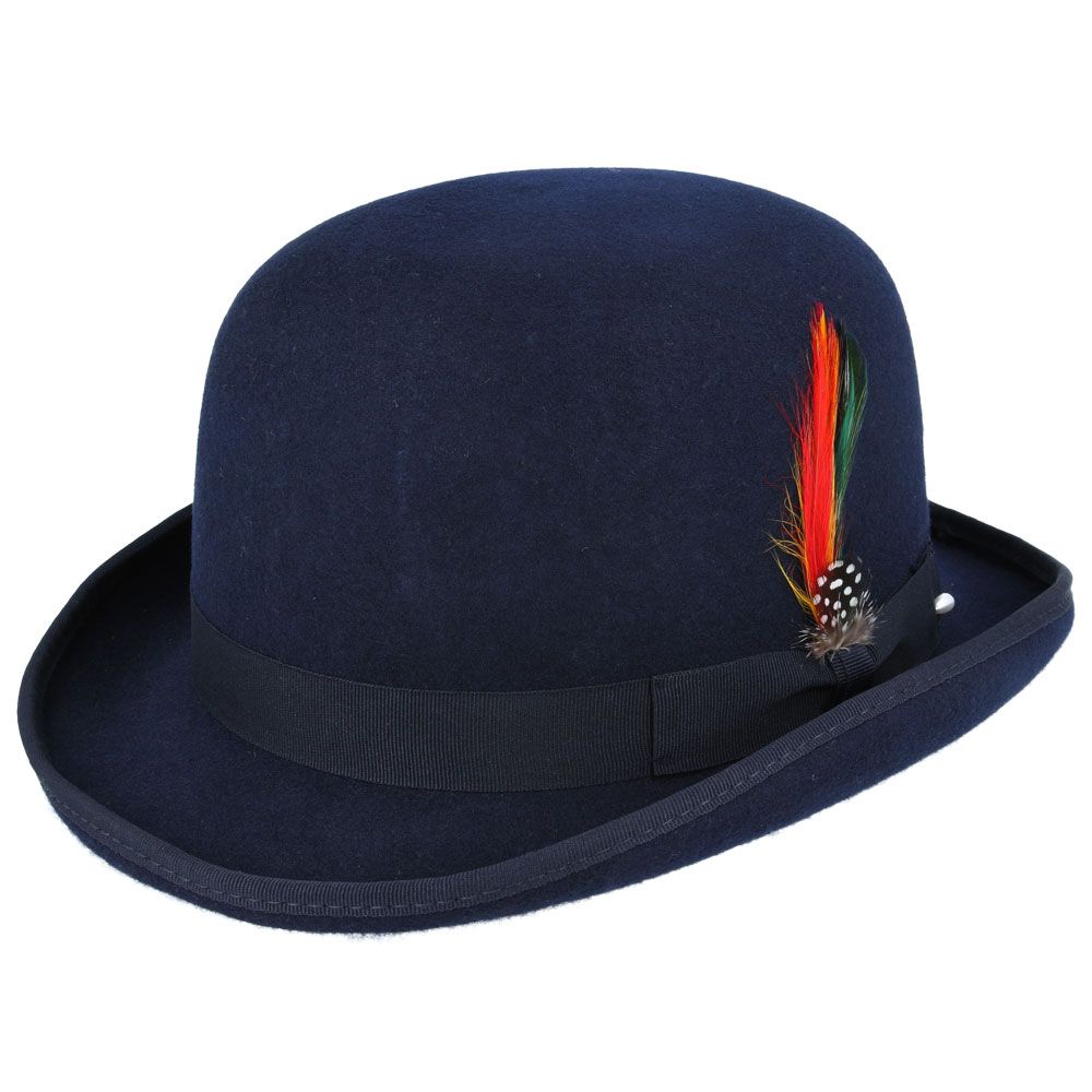 Bowler Hat in Classic Wool Felt - Satin Lined & Removable Feather Trim Fedora