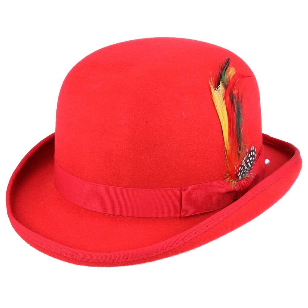 Bowler Hat in Classic Wool Felt - Satin Lined & Removable Feather Trim Fedora