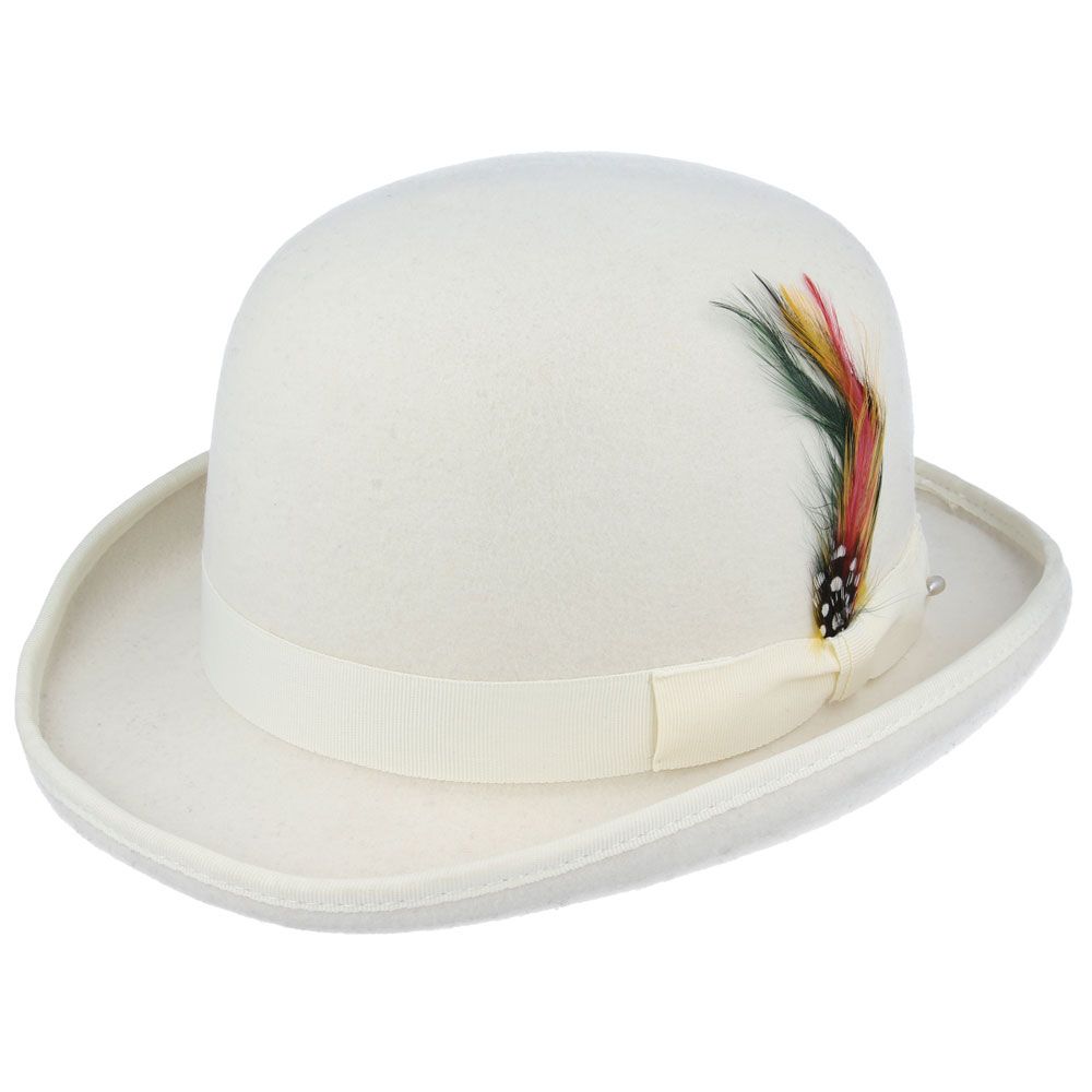 Bowler Hat in Classic Wool Felt - Satin Lined & Removable Feather Trim Fedora