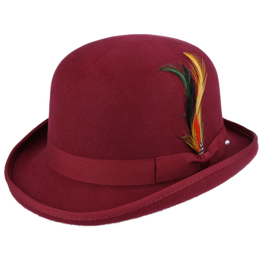 Bowler Hat in Classic Wool Felt - Satin Lined & Removable Feather Trim Fedora