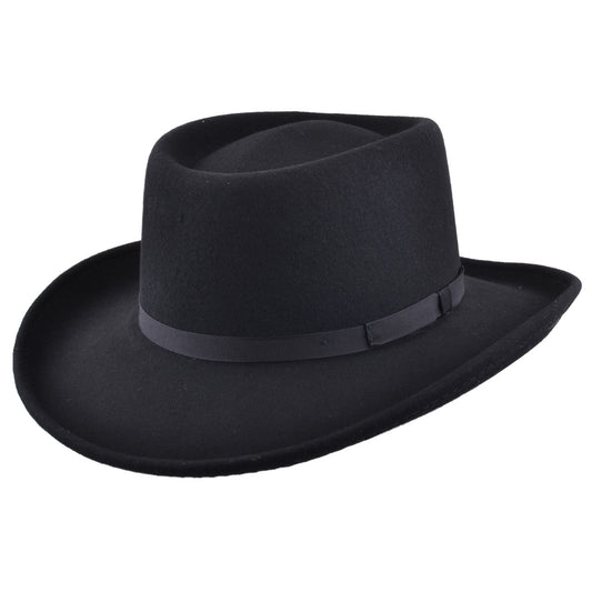 Classic Black 100% Wool Felt Gambler Hat | Crushable  | Brim Cowboy Style