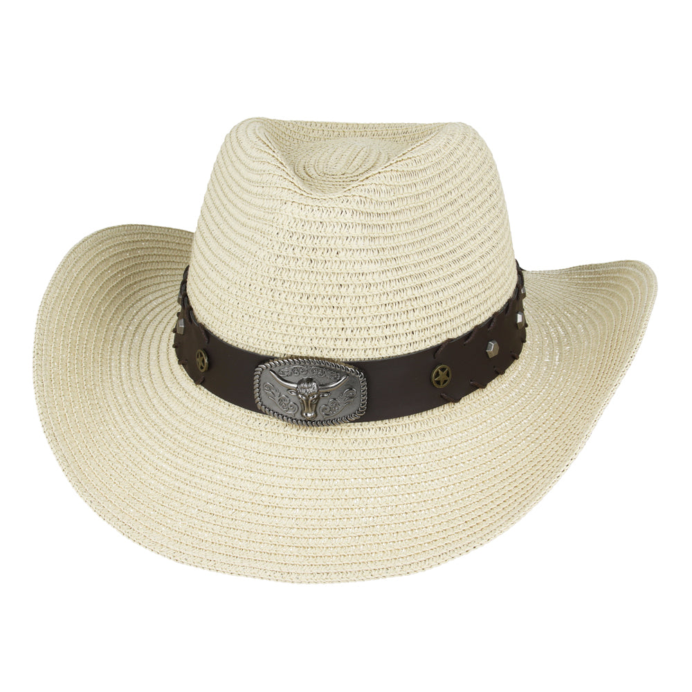Summer Cowboy Hat 100% Paper Stiff Bull Horn Belt Festival Party Fancy Dress UK