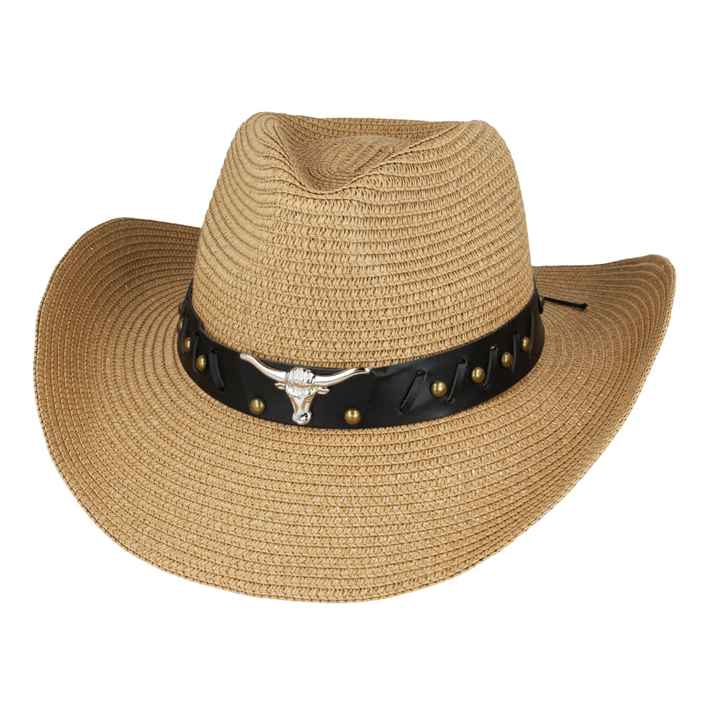 Summer Cowboy Hat 100% Paper Stiff Bull Horn Belt Festival Party Fancy Dress UK